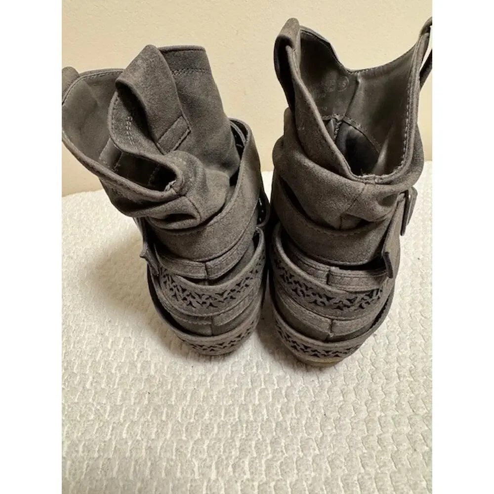 Used Not Rated Gray Faux Suede Ruched Booties with Cutout Strap Design 6.5